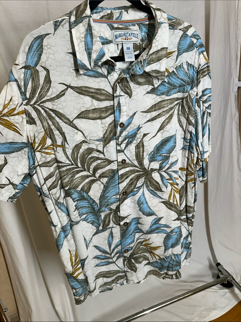 Margaritaville White Hawaiian Shirt with Blue, Olive & Gold Leaf Print